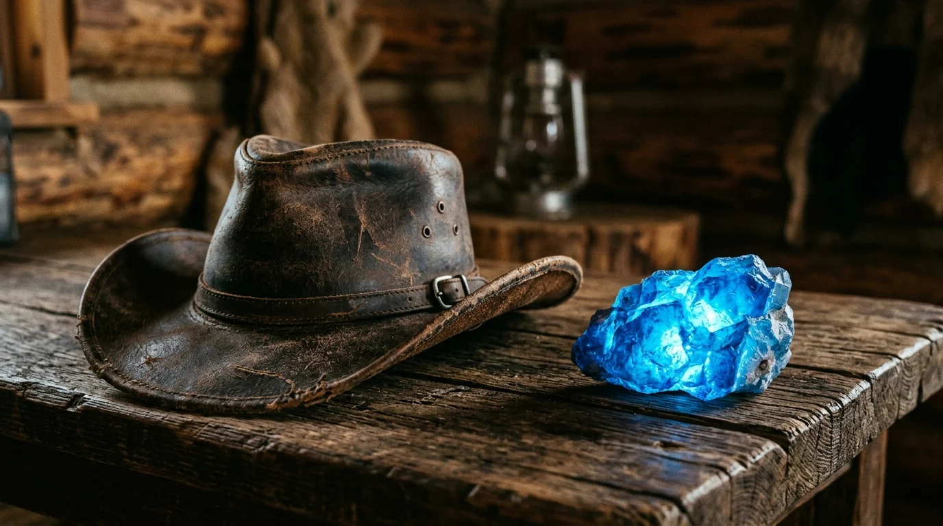 A cowboy hat next to a glowing sci-fi artifact.