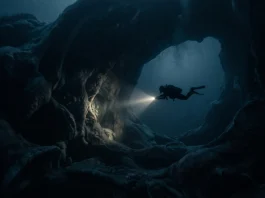 A silhouette of a diver with a flashlight inside a dark organic space.