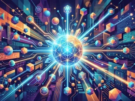 Conceptual digital network connecting different nodes via a central link.