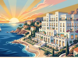 An Art Deco illustration of a luxury hotel on the French Riviera coastline.