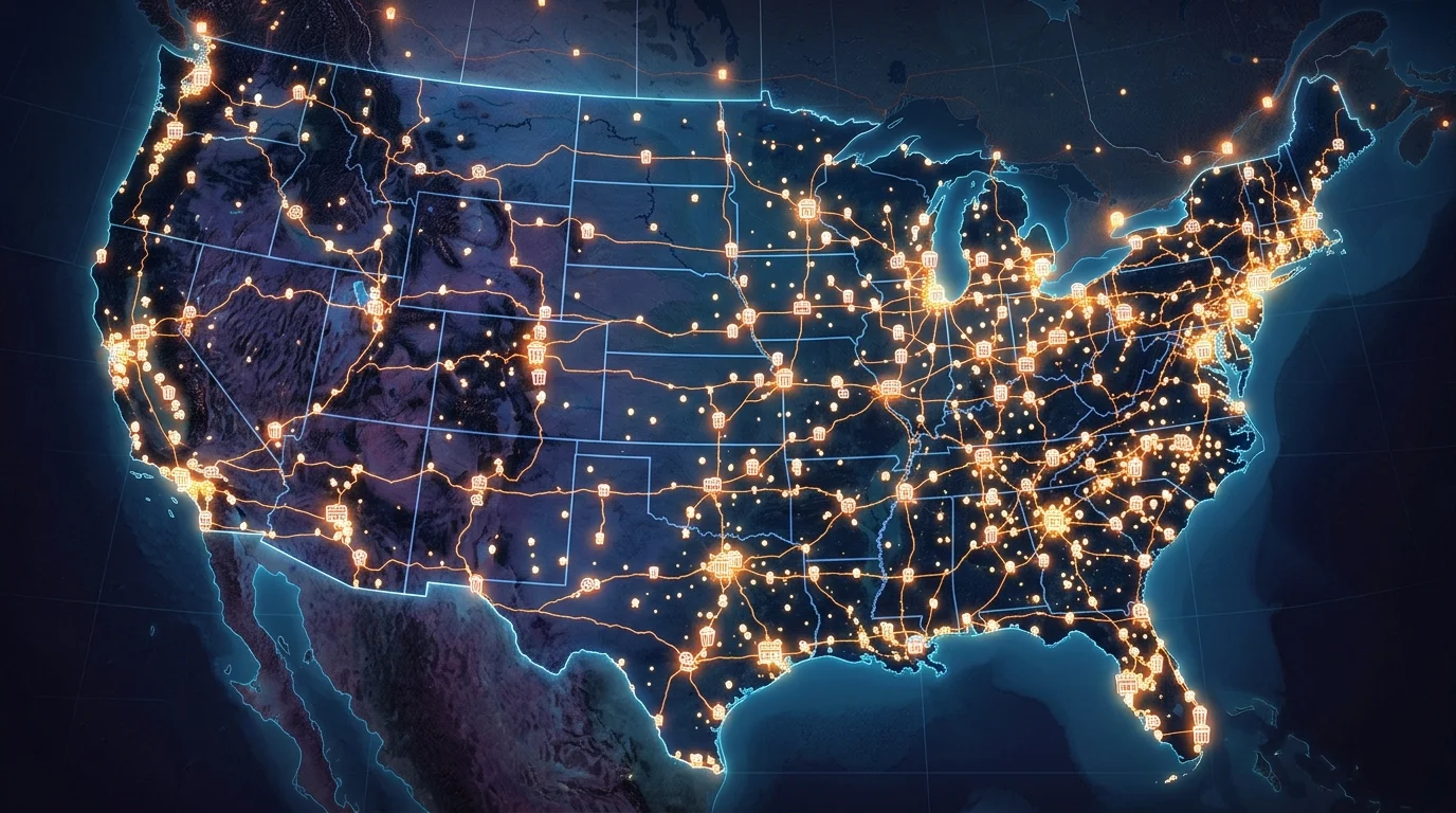 A map of the United States with glowing icons representing a wide theater release.