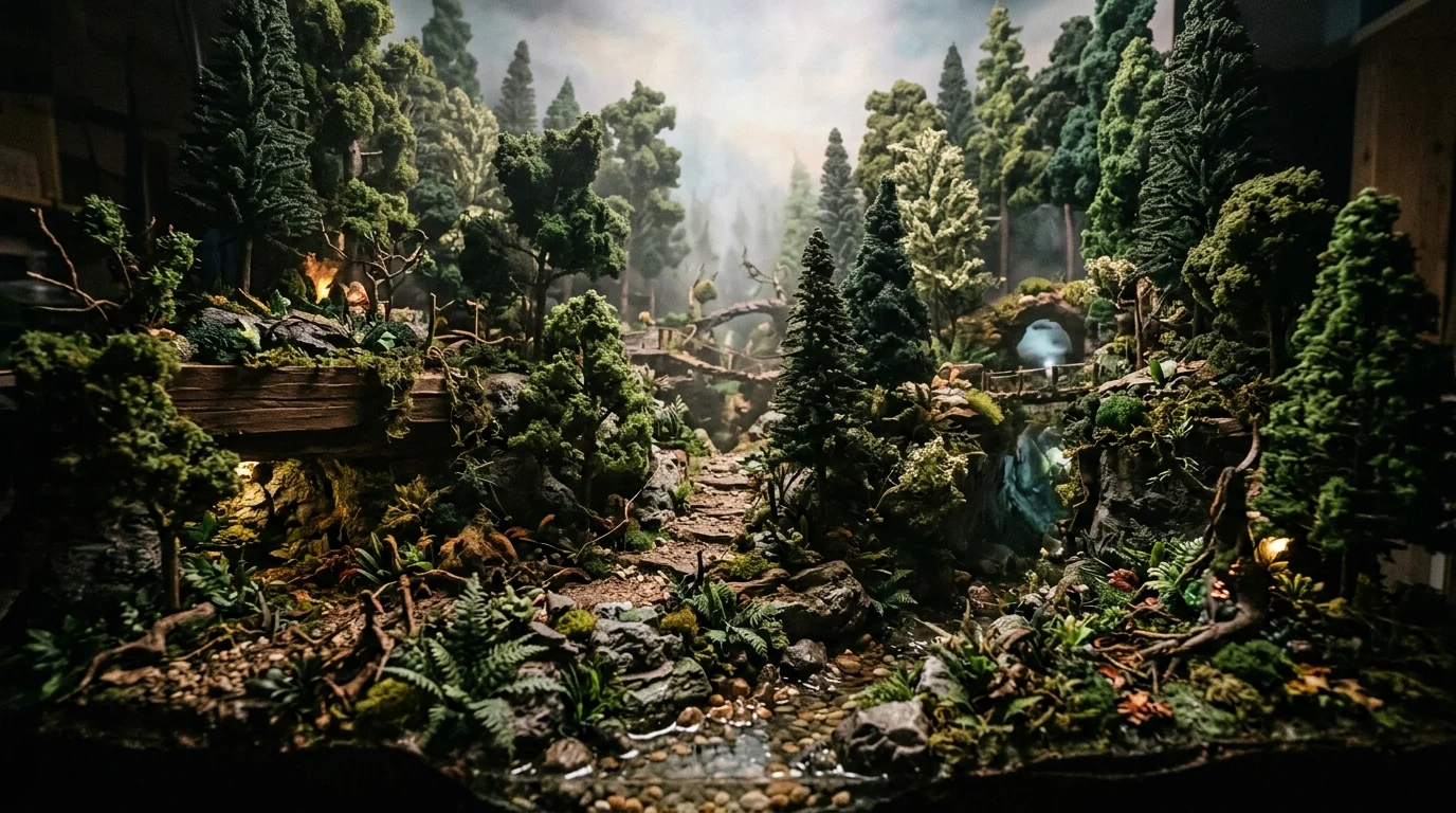 A miniature stop-motion set design with dramatic lighting.