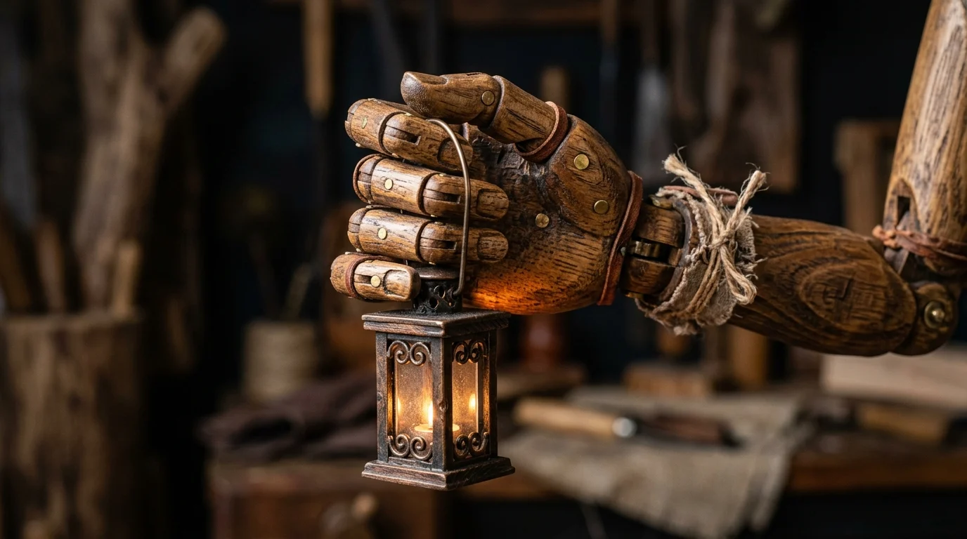 Detail of a stop-motion puppet hand holding a lantern.