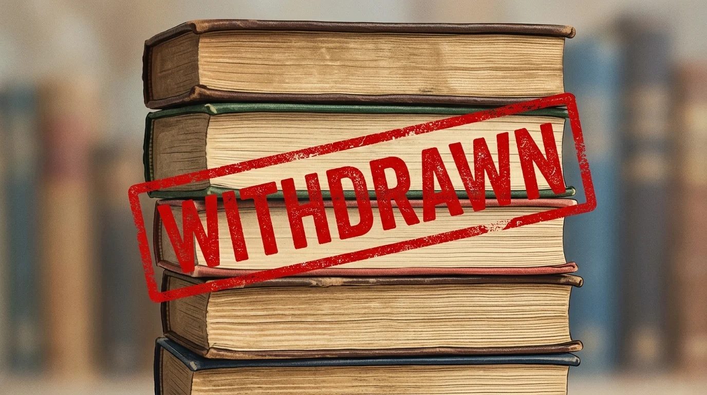 Abstract image of books marked as withdrawn or pulped.