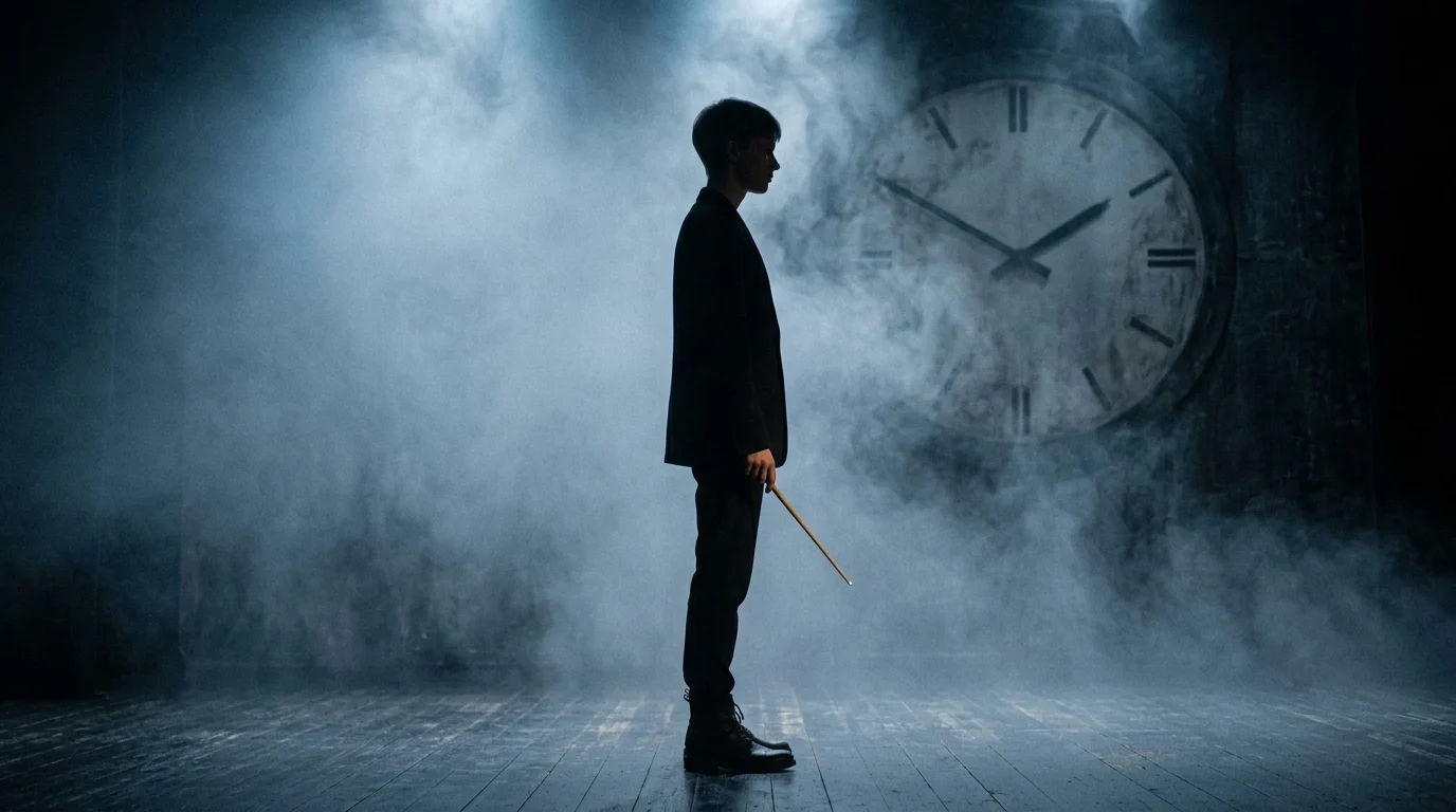 A conceptual silhouette of a student at a magical school on a stage.
