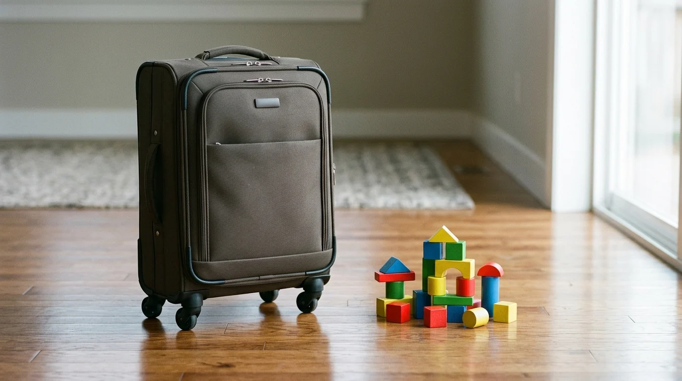 A suitcase and child's toys side-by-side, symbolizing the balance of work travel and parenting.