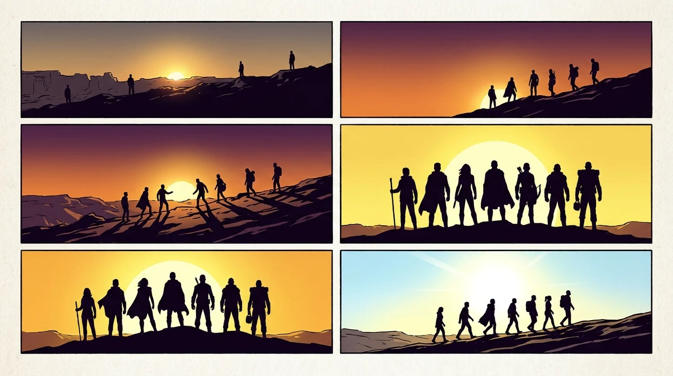 Amber Midthunder Addresses Potential Marvel Return for X-Men 2028 Reboot 1 Conceptual silhouettes of a superhero team at sunrise.