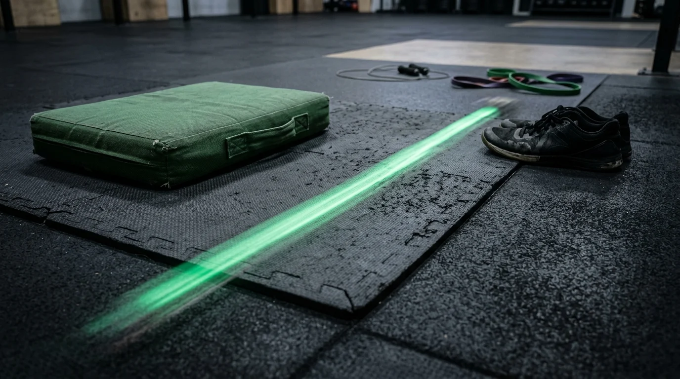 Abstract stunt training mats with a green energy streak.
