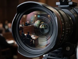 A professional cinema camera lens reflecting a courtroom setting.