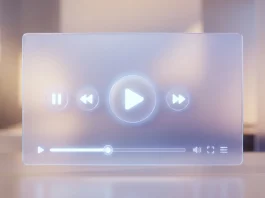 A conceptual digital illustration of a video player interface with interactive buttons.